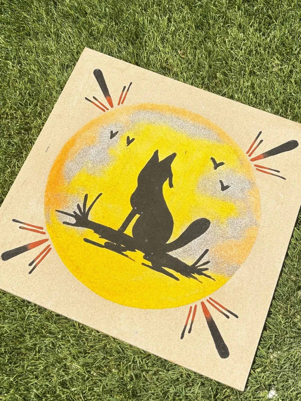Hand-Painted sand Fox Silhouette Wood Art with Sunrise